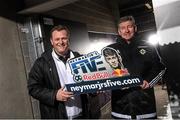 7 April 2016; Northern Ireland football legends Jim Magilton, left, and Norman Whiteside at the launch of Red Bull Neymar Jr’s Five, a unique knockout 5 a side football tournament with a difference. This fun, fast-paced and technical game will give young local footballers, 16 to 25 years, the opportunity to put teams together to compete and represent Northern Ireland at the World Final in Brazil this summer http://www.neymarjrsfive.com/country/northern-ireland/. National Football Stadium, Belfast. Picture credit: Ramsey Cardy / SPORTSFILE