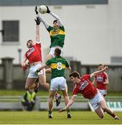 7 April 2016; Mark O'Connor, left, and Barry O'Sullivan, Kerry, in action against Peter Kelleher, left, and Sean O'Leary, Cork. EirGrid Munster GAA Football U21 Championship Final, Kerry v Cork. Austin Stack Park, Tralee, Co Kerry. Picture credit: Diarmuid Greene / SPORTSFILE