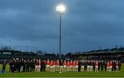 6 April 2016; The Tyrone squad and mentors stand for the anthem. EirGrid Ulster GAA Football U21 Championship Final, Monaghan v Tyrone, Athletic Grounds, Armagh. Picture credit: Oliver McVeigh / SPORTSFILE