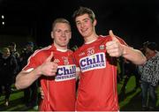 7 April 2016; Cork's Michael Hurley, left, and Sean O'Leary celebrate after victory over Kerry. EirGrid Munster GAA Football U21 Championship Final, Kerry v Cork. Austin Stack Park, Tralee, Co Kerry. Picture credit: Diarmuid Greene / SPORTSFILE