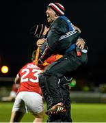 7 April 2016; Cork selectors Aidan Kelleher, right, and Gene O'Driscoll celebrate at the final whistle after victory over Kerry. EirGrid Munster GAA Football U21 Championship Final, Kerry v Cork. Austin Stack Park, Tralee, Co Kerry. Picture credit: Diarmuid Greene / SPORTSFILE