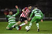 8 April 2016; Barry McNamee, Derry City, in action against Gavin Brennan and Brandon Miele, Shamrock Rovers. SSE Airtricity League Premier Division, Derry City v Shamrock Rovers. Brandywell Stadium, Derry. Picture credit: Oliver McVeigh / SPORTSFILE