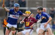 9 April 2016; Shane Power, Westmeath, in action against Neil Foyle, left, and PJ Scully, Laois. Allianz Hurling League, Division 1B Promotion / Relegation Play-off, Westmeath v Laois, O'Connor Park, Tullamore, Co. Offaly. Picture credit: Brendan Moran / SPORTSFILE