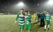 9 April 2016; Pike Rovers players Wayne O'Donovan, left, and Colin Daly leave the pitch after the match was abandoned. FAI Junior Cup Semi-Final in association with Aviva and Umbro, St. Peters FC v Pike Rovers, Leah Victoria Park, Tullamore, Co. Offaly. Picture credit: Brendan Moran / SPORTSFILE