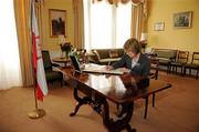 14 April 2010; Mary Davis, Managing Director, Special Olympics Europe / Eurasia, signs a book of condolence at the Polish Embassy in Dublin in memory of Polish President Mr. Lech Kaczynski, First Lady Mrs Maria Kaczynska and 95 others who died in a plane crash in Russia last Saturday. Mr & Mrs Kaczynska were strong supporters of the Special Olympics movement and were involved in Poland’s preparation to host the 2010 European Games in September. Afterwards the Special Olympics delegation met with the Ambassador to convey, on behalf of the Special Olympics movement in Europe, their deepest condolences to the people of Poland. Embassy of the Republic of Poland, Ballsbridge, Dublin. Picture credit: Brendan Moran / SPORTSFILE