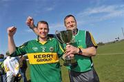 10 April 2010; Kerry manager John Meyler and captain Colin Harris with the cup after the match. Allianz GAA Hurling National League Division 3A Final, Kerry v Derry, Padraig Pearses, Woodmount, Roscommon. Picture credit: Brian Lawless / SPORTSFILE