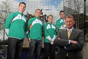 15 April 2010; Chris Jones, Performance Consultant, with athletes, from left, Jamie Costin, 50k, David Campbell, 800m, Ciara Mageean, 800m, and Brian Greegan, 400m, at the launch of the Athletics Ireland High Performance Plan. Conrad Hotel, Earlsfort Terrace, Dublin. Picture credit: Pat Murphy / SPORTSFILE