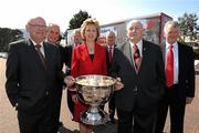 16 April 2010; The President of Ireland Mary McAleese, Dr Martin McAleese, Uachtarán Chumann Lúthchleas Gael Criostóir Ó Cuana, Páraic Duffy, Ard Stiúrthóir, Seamus Walsh, Down Co Chairman, right, the 1960 captain Kevin Mussen, left, and the 1961 captain Paddy Doherty, second from right, with the Sam Maguire at the Iconic Event to celebrate the Down All-Ireland Teams of 1960 / 61. Slieve Donard Hotel, Newcastle, Co. Down. Picture credit: Ray McManus / SPORTSFILE