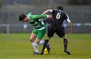 9 April 2016; Stephen McGann, Pike Rovers, in action against David Brookes, St. Peter's FC. FAI Junior Cup Semi-Final in association with Aviva and Umbro, St. Peters FC v Pike Rovers, Leah Victoria Park, Tullamore, Co. Offaly. Picture credit: Brendan Moran / SPORTSFILE