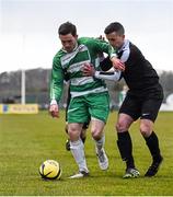 9 April 2016; John Connery, Pike Rovers, in action against John McCrossan, St. Peter's FC. FAI Junior Cup Semi-Final in association with Aviva and Umbro, St. Peters FC v Pike Rovers, Leah Victoria Park, Tullamore, Co. Offaly. Picture credit: Brendan Moran / SPORTSFILE