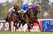 10 April 2016; Black Sea, far right, with Ryan Moore up, on their way to winning the Leopardstown 2,000 Guineas Trial Stakes from joint second place True Solitaire, left, with Pat Smullen and Stenographer, centre, with Kevin Manning. Leopardstown, Co. Dublin. Picture credit: Matt Browne / SPORTSFILE