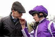 10 April 2016; Jockey Ryan Moore in conversation with Trainer Aidan O'Brien after winning the Leopardstown 2,000 Guineas Trial Stakes on Black Sea. Leopardstown, Co. Dublin. Picture credit: Cody Glenn / SPORTSFILE