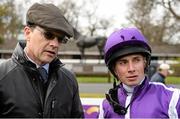 10 April 2016; Jockey Ryan Moore in conversation with Trainer Aidan O'Brien after winning the Leopardstown 2,000 Guineas Trial Stakes on Black Sea. Leopardstown, Co. Dublin. Picture credit: Cody Glenn / SPORTSFILE