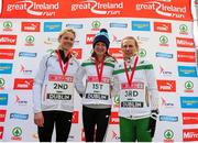 10 April 2016; Winner of the SPAR Great Ireland Run and the National 10K Championships, Fionnuala McCormack, centre, Ireland, second placed Deirdre Byrne, left, Ireland, and third placed Maria McCambridge. The SPAR Great Ireland Run / National 10K Championships. Phoenix Park, Dublin. Picture credit: Tomás Greally / SPORTSFILE