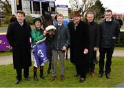 10 April 2016; Jockey Pat Smullen with Harzand, Trainer Dermot Weld and Racing Manager Pat Downes, left, for the owner H.H. Aga Khan, after winning the P.W. McGrath Memorial Ballysax Stakes. Leopardstown, Co. Dublin. Picture credit: Cody Glenn / SPORTSFILE