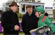 10 April 2016; Jockey Pat Smullen in conversation with Trainer Dermot Weld, left, and Pat Downes, racing manager for owner H.H. Aga Khan after winning the P.W. McGrath Memorial Ballysax Stakes on Harzand. Leopardstown, Co. Dublin. Picture credit: Cody Glenn / SPORTSFILE