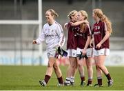 10 April 2016; Galway players, from left, Tina Hughes, Edel Concannon, Sarah Gormally and Louise Ward celebrate after the game. Lidl Ladies Football National League, Division 1, Dublin v Galway, Parnell Park, Dublin. Picture credit: Sam Barnes / SPORTSFILE