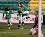 10 April 2016; Dearbhaile Beirne, centre, Republic of Ireland, celebrates after scoring her side's second goal with teammates from left, Jamie Finn, Niamh Prior and Hayley Nolan. UEFA Women's U19 Championship Qualifier, Republic of Ireland v Poland, Tallaght Stadium, Tallaght, Co. Dublin. Picture credit: David Maher / SPORTSFILE
