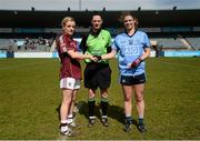 10 April 2016; Captains Edel Concannon, Galway, and Noelle Healy, Dublin, shake hands infront of referee Maggie Farrelly. Lidl Ladies Football National League, Division 1, Dublin v Galway, Parnell Park, Dublin. Picture credit: Sam Barnes / SPORTSFILE