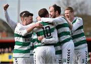 10 April 2016; Sheriff YC players celebrate with team-mate Jon Rock, no. 10, after he scored their side's fourth goal. FAI Junior Cup Semi-Final, Sheriff YC v Janesboro FC.  Tolka Rovers Complex, Griffith Avenue, Dublin. Photo by Sportsfile