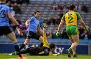 10 April 2016; Dublin's Bernard Brogan watches his shot go past Mark Anthony McGinley, Donegal, for the game's only goal. Allianz Football League, Division 1, Semi-Final, Dublin v Donegal, Croke Park, Dublin. Picture credit: Ray McManus / SPORTSFILE