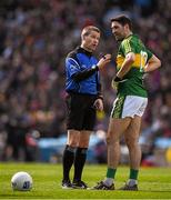 10 April 2016; Referee Pádraig Hughes speaks to Bryan Sheehan, Kerry, before issuing him a yellow card. Allianz Football League, Division 1, Semi-Final, Kerry v Roscommon, Croke Park, Dublin. Picture credit: Ray McManus / SPORTSFILE