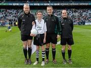 10 April 2016; Referee Maurice Deegan, and sideline officials Fergal kelly, left, and David Coldrick with junior whistler Andrew Keegan, Holy Trinity NS, Donaghmede, at the Dublin v Donegal game. Allianz Football League, Division 1, Semi-Final, Dublin v Donegal, Croke Park, Dublin. Picture credit: Brendan Moran / SPORTSFILE