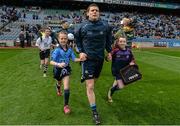10 April 2016; Dublin captain Stephen Cluxton with Allianz mascots Rachel Fearon, left, Scoil Mhuire, Howth, and Caoimhe Mythen, Donabate / Portrane Educate Together, at the Dublin v Donegal game. Allianz Football League, Division 1, Semi-Final, Dublin v Donegal, Croke Park, Dublin. Picture credit: Ray McManus / SPORTSFILE