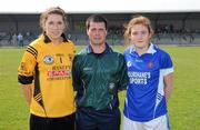 17 April 2010; Referee Sean Joy with Scoil Mhuire, Strokestown, captain Maire Mullooly, left, and Mercy Heights, Skibbereen, captain Kate Coombes before the game. Tesco All-Ireland Post Primary Schools Senior C Final, Mercy Heights, Skibbereen, Cork v Scoil Mhuire, Strokestown, Roscommon. Croagh, Limerick. Picture credit: Diarmuid Greene / SPORTSFILE