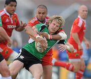 18 April 2010; Fionn Carr, Connacht, is tackled by Simon Zebo, Munster. Celtic League, Connacht v Munster, Sportsground, Galway. Picture credit: Ray Ryan / SPORTSFILE