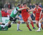 18 April 2010; Damien Varley, Munster, is tackled by Michael Swift, Connacht. Celtic League, Connacht v Munster, Sportsground, Galway. Picture credit: Ray Ryan / SPORTSFILE