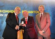 17 April 2010; Uachtarán Chumann Lúthchleas Gael Criostóir Ó Cuana and Ard Stiúrthóir Páraic Duffy make a presentation to Dan McCartan, Down, who has retired from Ard Comhairle. Speaking at the presentation the GAA President said that 'Wee Dan,' as he is affectionately known, has been anything but wee in his contribution to the GAA both in Down but also at national level. He was elected to Central Council in 1982 when the late TP Murphy became a Trustee. He had already served as County Secretary by that stage and would fill the role of County Chairman for the Association’s Centenary Year. His judgement, analysis, attention to detail and the guidance he has provided over such a prolonged period means he has been a most valued member of the GAA but specifically of Ard Chomhairle. GAA Annual Congress, Slieve Donard Hotel, Newcastle, Co. Down. Picture credit: Ray McManus / SPORTSFILE