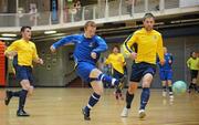 19 April 2010; Darren Kavanagh, IT Carlow, shoots to score his side's fourth goal despite the efforts of Craig McDonald, DIT. National Colleges and Universities Futsal Cup Final, IT Carlow v DIT, University of Limerick, Limerick. Picture credit: Diarmuid Greene / SPORTSFILE