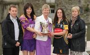 19 April 2010; At a captain's day photocall ahead of the 2010 National Camogie League Division 1 and 2 Finals, are Division 1 finalists Wexford and Kilkenny, from left, JJ Doyle manager and captain Una Leacy, Wexford, Joan O'Flynn, President, Cumann Camogaiochta na nGael, Anne Dalton, captain and Anne Downey, manager, Kilkenny. Both finals take place in Semple Stadium, Thurles, on Saturday next, 24th April, with the Division 2 Final at 2pm and the Division 1 Final at 4pm. Maldron Hotel, Grand Canal, Dublin. Picture credit: Brendan Moran / SPORTSFILE