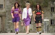 19 April 2010; At a captain's day photocall ahead of the 2010 National Camogie League Division 1 and 2 Finals, Division 1 captains Una Leacy, left, Wexford, and Anne Dalton, Kilkenny, with Joan O'Flynn, President, Cumann Camogaiochta na nGael. Both finals take place in Semple Stadium, Thurles, on Saturday next, 24th April, with the Division 2 Final at 2pm and the Division 1 Final at 4pm. Maldron Hotel, Grand Canal, Dublin. Picture credit: Brendan Moran / SPORTSFILE