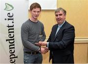 11 April 2016; John Meagher of Mary I, from Tipperary, is presented with his Independent.ie Hurling Rising Star award by Gerry Tully, Chairman of Comhairle Ardoideachais. Independent.ie Hurling Rising Stars Awards. Mary Immaculate College, Limerick. Picture credit: Diarmuid Greene / SPORTSFILE
