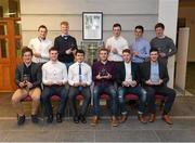 11 April 2016; After being presented with their Independent.ie Hurling Rising Stars awards are, top row, left to right, Paul Kileen of LIT, from Galway, Paul Maher of UL, from Tipperary, Richie English of Mary I, from Limerick, Darragh O'Donovan of Mary I, from Limerick, and John Meagher of Mary I, from Tipperary, front row, left to right, Tom Morrissey of UL, from Limerick, Sean Linnane of Mary I, from Galway, Padraic Guinan of UCD, from Offaly, John McGrath of UL, from Tipperary, Cian Lynch of Mary I, from Limerick, and Declan Hannon of Mary I, from Limerick. Independent.ie Hurling Rising Stars Awards. Mary Immaculate College, Limerick. Picture credit: Diarmuid Greene / SPORTSFILE