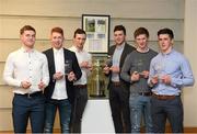 11 April 2016; After being presented with their Independent.ie Hurling Rising Stars awards are, left to right, Sean Linnane of Mary I, from Galway, Cian Lynch of Mary I, from Limerick, Richie English of Mary I, from Limerick, Declan Hannon of Mary I, from Limerick, John Meagher of Mary I, from Tipperary, and Darragh O'Donovan of Mary I, from Limerick. Independent.ie Hurling Rising Stars Awards. Mary Immaculate College, Limerick. Picture credit: Diarmuid Greene / SPORTSFILE