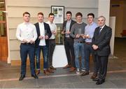 11 April 2016; After being presented with their Independent.ie Hurling Rising Stars awards are, left to right, Sean Linnane of Mary I, from Galway, Cian Lynch of Mary I, from Limerick, Richie English of Mary I, from Limerick, Declan Hannon of Mary I, from Limerick, John Meagher of Mary I, from Tipperary, and Darragh O'Donovan of Mary I, from Limerick, along with Professor Michael A. Hayes, President,  Mary Immaculate College. Independent.ie Hurling Rising Stars Awards. Mary Immaculate College, Limerick. Picture credit: Diarmuid Greene / SPORTSFILE