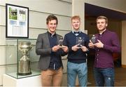 11 April 2016; After being presented with their Independent.ie Hurling Rising Stars awards are UL players, from left to right, Tom Morrissey, from Limerick, Paul Maher from Tipperary, and John McGrath from Tipperary. Independent.ie Hurling Rising Stars Awards. Mary Immaculate College, Limerick. Picture credit: Diarmuid Greene / SPORTSFILE