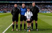10 April 2016; Allianz junior whistler Cory Tighe, from Scoil Mhearnog, Portmarnock, with referee Padraig Hughes and linesmen David Gough and Anthony Nolan at the Kerry v Roscommon game. Allianz Football League, Division 1, Semi-Final, Kerry v Roscommon, Croke Park, Dublin. Picture credit: Brendan Moran / SPORTSFILE