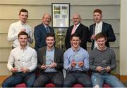 11 April 2016; After being presented with their Independent.ie Hurling Rising Stars awards are, left to right, Richie English of Mary I, from Limerick, and Cian Lynch of Mary I, from Limerick, along with manager Eamonn Cregan and coach Francis O'Halloran, front row, Sean Linnane of Mary I, from Galway, Declan Hannon of Mary I, from Limerick, Darragh O'Donovan of Mary I, from Limerick, and John Meagher of Mary I, from Tipperary. Independent.ie Hurling Rising Stars Awards. Mary Immaculate College, Limerick. Picture credit: Diarmuid Greene / SPORTSFILE