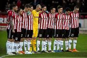 8 April 2016; The Derry City team standing for a minutes silence for the the Buncrana tragedy. SSE Airtricity League Premier Division, Derry City v Shamrock Rovers. Brandywell Stadium, Derry. Picture credit: Oliver McVeigh / SPORTSFILE