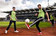 12 April 2016; TV star Moone Boy, David Rawle, joined a host of GAA stars today at Croke Park to launch Kellogg’s GAA Cúl Camps 2016. The summer camps attract over 100,000 children and are hosted in more than 1,000 locations nationwide. Costing just Ä55 for a full week of fun, coaching and a free kit, Kellogg’s is on a mission for the promotion of nutrition coupled with physical activity. Sign up for Kellogg’s GAA Cúl Camps at www.kelloggsculcamps.gaa.ie. Pictured are TV star David Rawle and Mayo footballer Aidan O'Shea. Croke Park, Dublin. Picture credit: Ramsey Cardy / SPORTSFILE