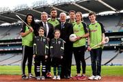 12 April 2016; TV star Moone Boy, David Rawle, joined a host of GAA stars today at Croke Park to launch Kellogg’s GAA Cúl Camps 2016. The summer camps attract over 100,000 children and are hosted in more than 1,000 locations nationwide. Costing just Ä55 for a full week of fun, coaching and a free kit, Kelloggís is on a mission for the promotion of nutrition coupled with physical activity. Sign up for Kellogg’s GAA Cúl Camps at www.kelloggsculcamps.gaa.ie. Pictured are, clockwise from top left, Cork camogie player Aisling Thompson, Jim McNeill, Managing Director, Kelloggs, Mayo footballer Aidan O'Shea, Uachtarán Chumann Lúthchleas Gael Aogán Ó Fearghail, Kilkenny hurler TJ Reid, Armagh ladies footballer Aimee Mackin, TV star David Rawle, 8 year old Hannah and 9 year old Alice Brannigan. Croke Park, Dublin. Picture credit: Ramsey Cardy / SPORTSFILE