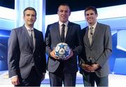 12 April 2016; Former Republic of Ireland International Richard Dunne pictured with regular TV3 analyst Kevin Kilbane and anchor Tommy Martin, left, in The Virgin Media TV3 HD Studio tonight. The former Manchester City captain Richard Dunne was TV3’s special studio guest for Tuesday’s UEFA Champions League quarter-final 2nd leg between Manchester City and Paris St Germain. Dunne, a four time player of the year at City, joined TV3 regulars Kevin Kilbane, Brian Kerr and host Tommy Martin for studio analysis, with Neil Lennon and David McIntyre on commentary duty at the Etihad Stadium. TV3 – The home of Tuesday night Champions League action. TV3 Sony HD Studio Building, TV3 Studios, Ballymount, Dublin. Picture credit: Brendan Moran / SPORTSFILE