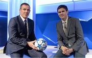 12 April 2016; Former Republic of Ireland International Richard Dunne, left, pictured with regular TV3 analyst Kevin Kilbane in The Virgin Media TV3 HD Studio tonight. The former Manchester City captain Richard Dunne was TV3’s special studio guest for Tuesday’s UEFA Champions League quarter-final 2nd leg between Manchester City and Paris St Germain. Dunne, a four time player of the year at City, joined TV3 regulars Kevin Kilbane, Brian Kerr and host Tommy Martin for studio analysis, with Neil Lennon and David McIntyre on commentary duty at the Etihad Stadium. TV3 – The home of Tuesday night Champions League action. TV3 Sony HD Studio Building, TV3 Studios, Ballymount, Dublin. Picture credit: Brendan Moran / SPORTSFILE
