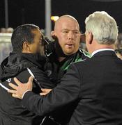 21 April 2010; Connacht coach Michael Bradley and Robbie Morris, Connacht, congratulate each other after beating Leinster. Celtic League, Connacht v Leinster, Sportsground, Galway. Picture credit: Ray Ryan / SPORTSFILE