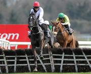 22 April 2010; Our Gar, with Berry Geraghty up, jumps the last on their way to winning The AON Insurances Hurdle from second place Awkward Moment, with Adrian Heskin up. Punchestown Racing Festival, Punchestown, Co. Kildare. Picture credit: Matt Browne / SPORTSFILE