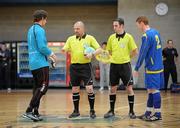19 April 2010; Referees Gerry Behan, left, and Simon Rogers with Queens University captain Karl Johan Sundh, and IT Carlow captain Danny Ledwith before the game. National Colleges and Universities Futsal Cup Semi-Final 2,  IT Carlow v Queens University, University of Limerick, Limerick. Picture credit: Diarmuid Greene / SPORTSFILE